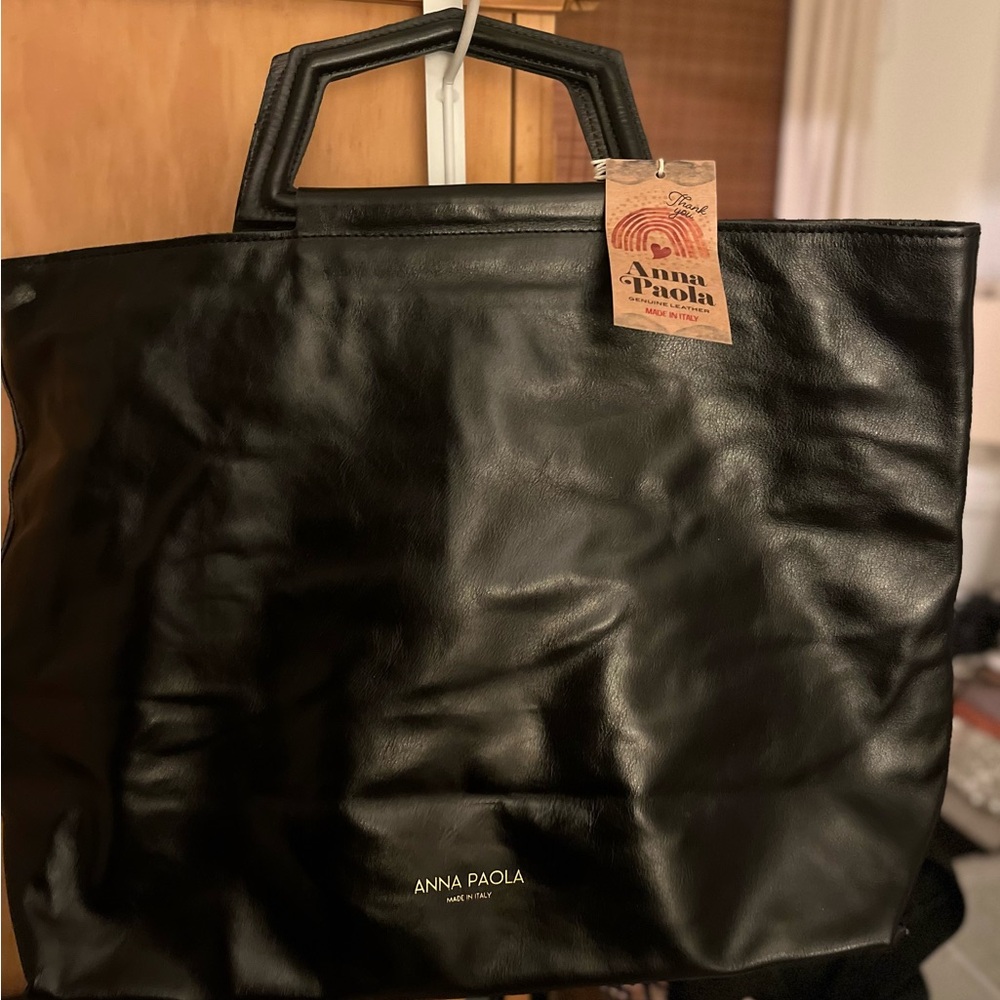 Anna Paola Black Genuine Leather Tote Bag
